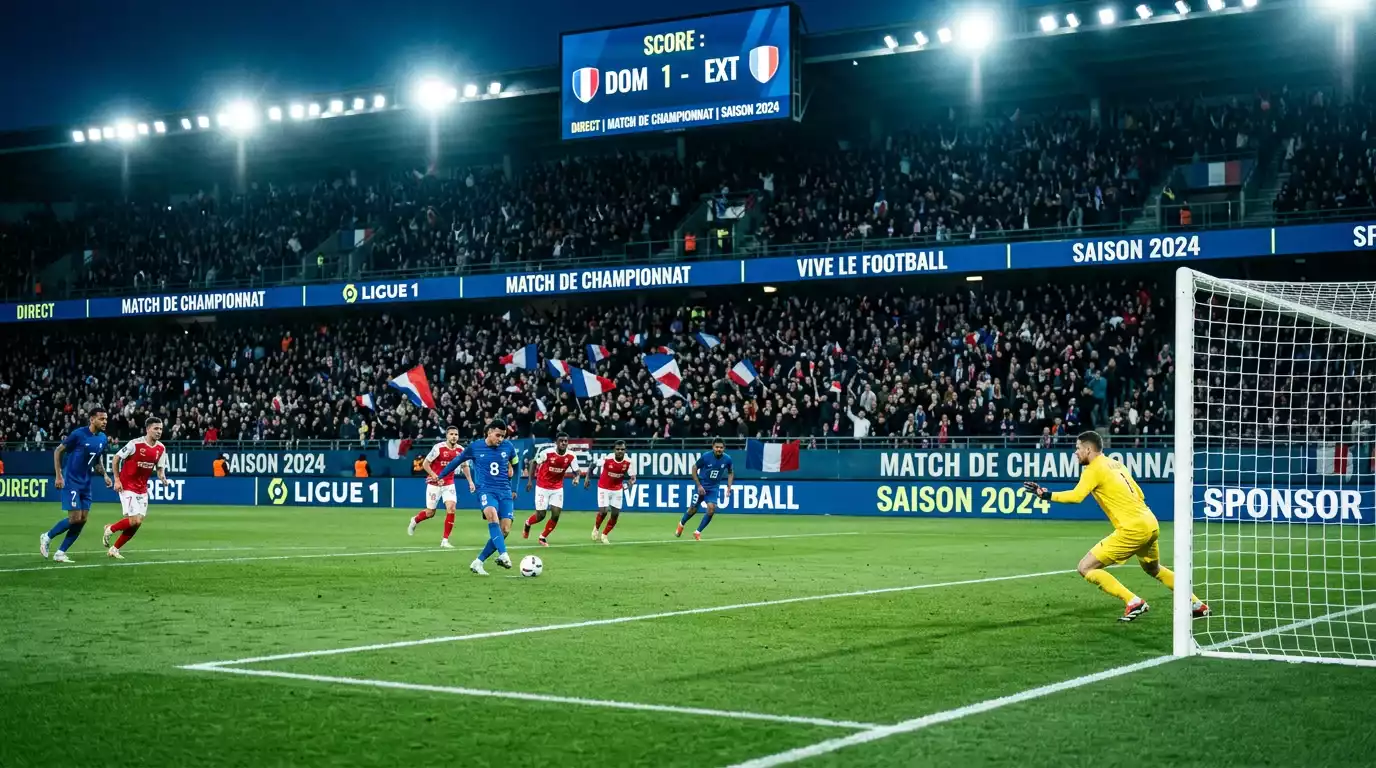 Stade de Ligue 1 vu depuis les tribunes pendant un match nocturne