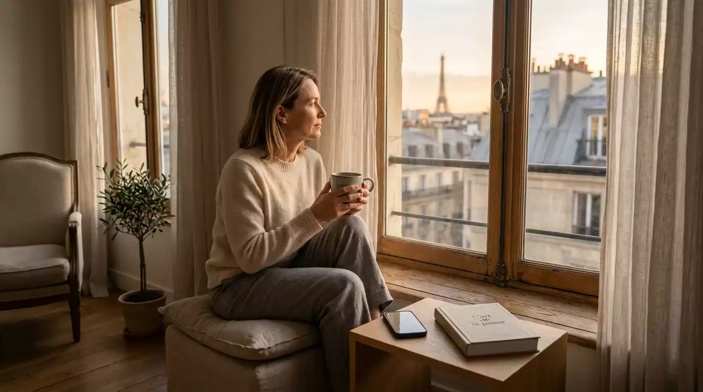 Personne prenant une pause loin de l'écran, ambiance apaisée évoquant le jeu responsable
