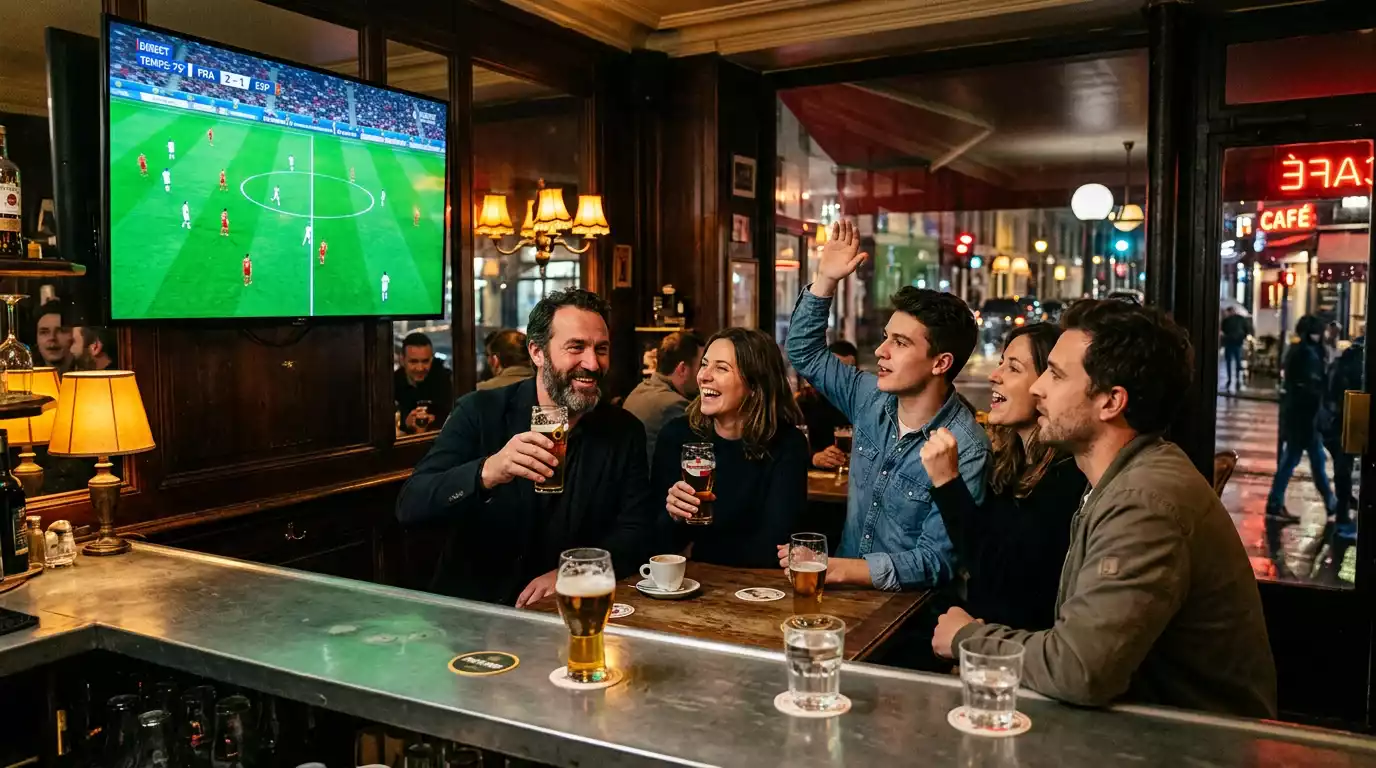 Bar parisien diffusant un match de Ligue 1, parieurs attentifs autour des écrans