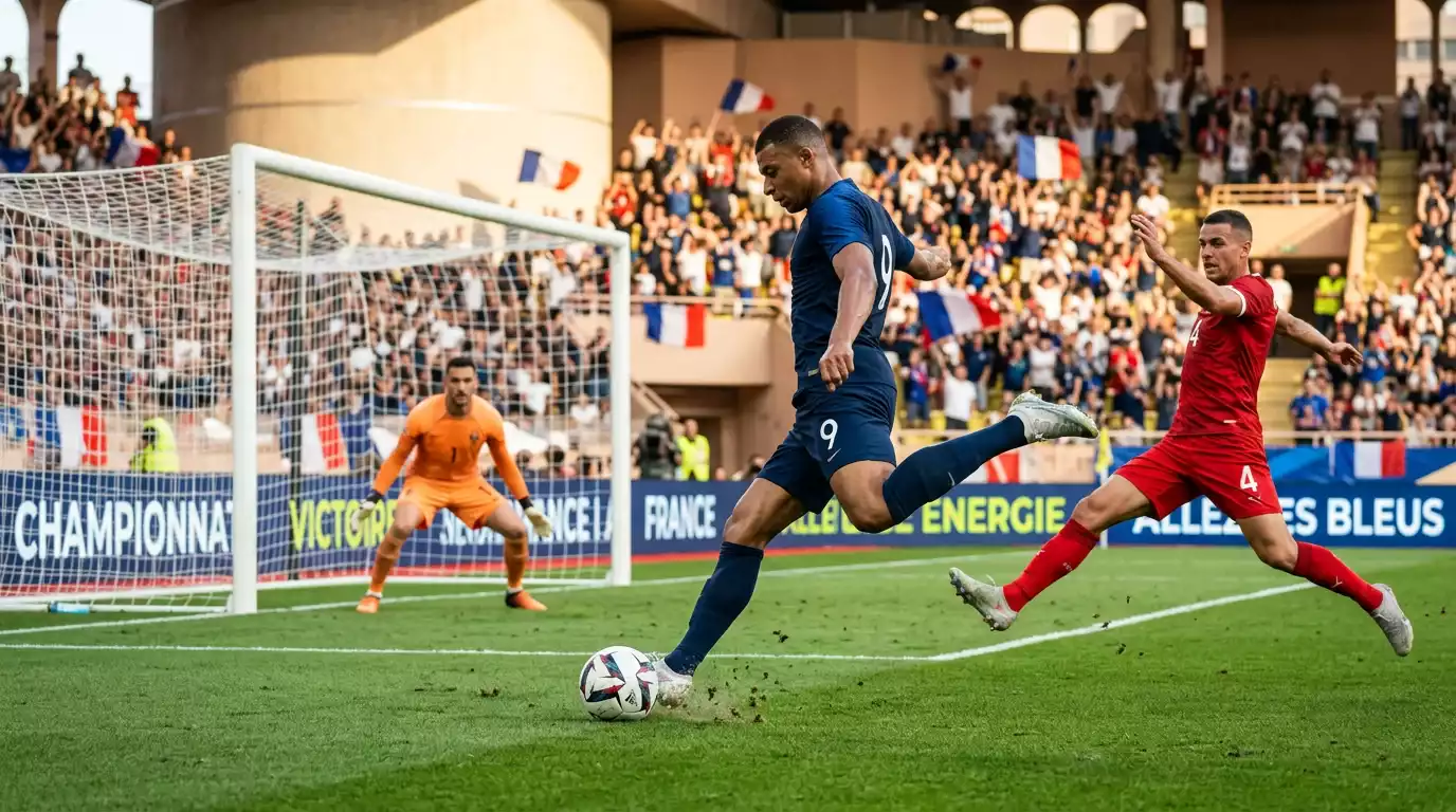 Action de jeu en Ligue 1 sur pelouse synthétique, joueur cadrant un tir au but